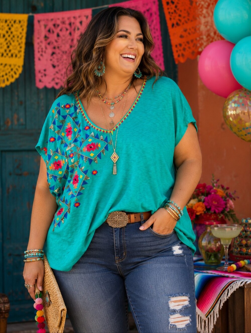 Soft Surroundings 3X Embroidered Sequin Boho Tunic Top Turquoise